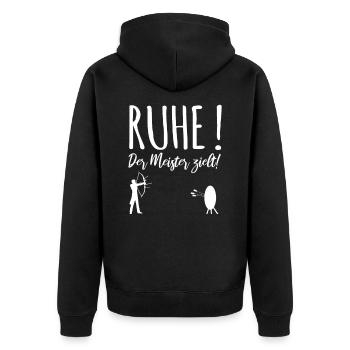 Ruhe! Der Meister zielt - Jagdmotivation - Unisex Premium Bio Zip Hoodie - Schwarz - Hinten - Nico (187cm)