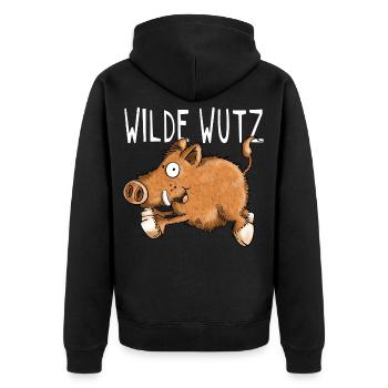 Wilde Wutz - Wildschwein - Wildsau - Geschenk - Unisex Premium Bio Zip Hoodie - Schwarz - Hinten - Nico (187cm)