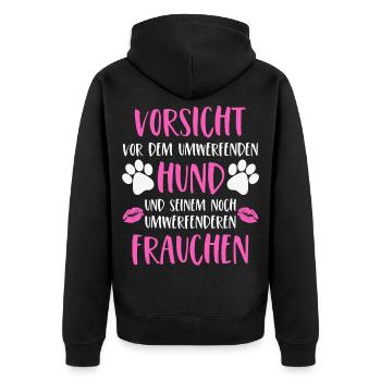 Hunde Frauchen Vorsicht vor dem umwerfenden Hund - Unisex Premium Bio Zip Hoodie - Schwarz - Hinten - Nico (187cm)