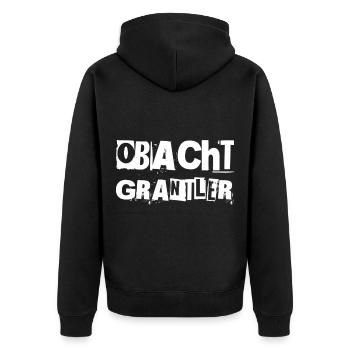 Obacht grantler - Unisex Premium Bio Zip Hoodie - Schwarz - Hinten - Nico (187cm)