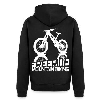 Freiheit und Adrenalin – MTB Freeride - Unisex Premium Bio Zip Hoodie - Schwarz - Hinten - Nico (187cm)