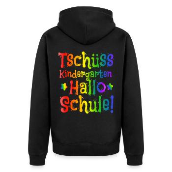 Einschulung - Tschüss Kindergarten Hallo Schule - Unisex Premium Bio Zip Hoodie - Schwarz - Hinten - Nico (187cm)