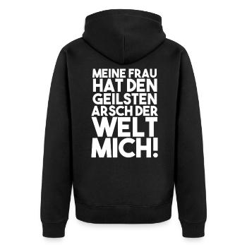 Meine Freu Hat Den Geilsten Arsch Der Welt Mich! - Unisex Premium Bio Zip Hoodie - Schwarz - Hinten - Nico (187cm)