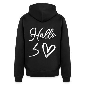 Herzliche Begrüßung mit Handgeschriebenem Design - Unisex Premium Bio Zip Hoodie - Schwarz - Hinten - Nico (187cm)