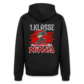 1. Klasse Ninja Einschulung - Unisex Premium Bio Zip Hoodie - Schwarz - Hinten - Nico (187cm)