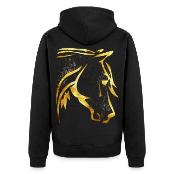 Reiten - Reiter - Pferdekopf - Goldenes Pferd - Unisex Premium Bio Zip Hoodie - Schwarz - Hinten - Nico (187cm)