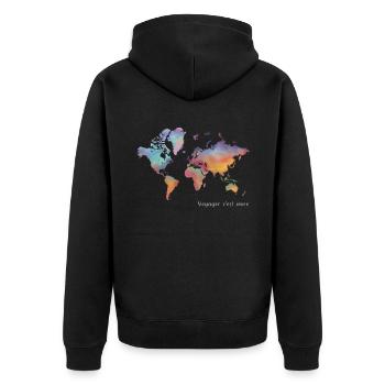 Voyager c'est vivre - Carte du monde couleur - Veste à capuche bio Premium Unisexe - noir - Dos - Nico (187cm)