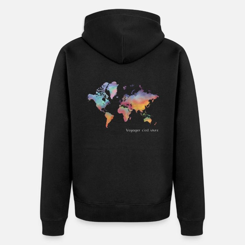 Voyager c'est vivre - Carte du monde couleur - Veste à capuche bio Premium Unisexe - noir