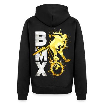BMX Gold | BMX Fahrrad | Goldig BMX | Glitzer - Unisex Premium Bio Zip Hoodie - Schwarz - Hinten - Nico (187cm)
