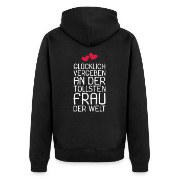 Glücklich vergeben - Unisex Premium Bio Zip Hoodie - Schwarz - Hinten - Nico (187cm)