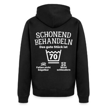 Schonend Behandeln Siebzig Geschenk 70. Geburtstag - Unisex Premium Bio Zip Hoodie - Schwarz - Hinten - Nico (187cm)