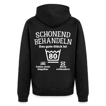 Schonend Behandeln Achtzig Geschenk 80. Geburtstag - Unisex Premium Bio Zip Hoodie - Schwarz - Hinten - Nico (187cm)