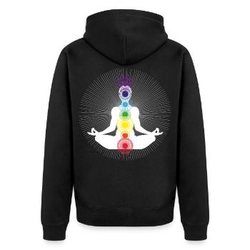 yoga chakra blanc om énergie zen arc en ciel - Veste à capuche bio Premium Unisexe - noir - Dos - Nico (187cm)