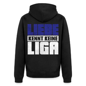 LIEBE KENNT KEINE LIGA | 2.Liga Absteiger Shirt - Unisex Premium Bio Zip Hoodie - Schwarz - Hinten - Nico (187cm)