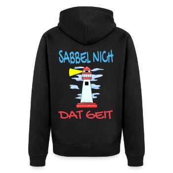 Leuchtturm - Sabbel Nich Dat Geit - Plattdeutsch - Unisex Premium Bio Zip Hoodie - Schwarz - Hinten - Nico (187cm)