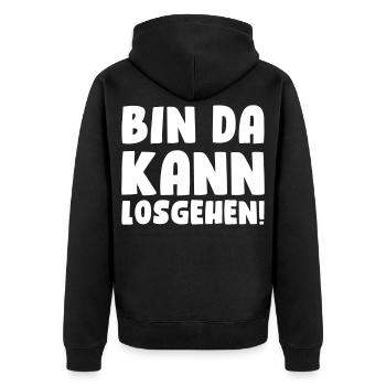 Bin da, kann losgehen! - Unisex Premium Bio Zip Hoodie - Schwarz - Hinten - Nico (187cm)