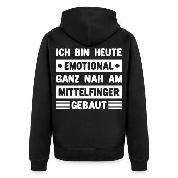 Ich bin emotional ganz nah am Mittelfinger gebaut - Unisex Premium Bio Zip Hoodie - Schwarz - Hinten - Nico (187cm)