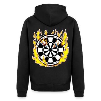 Dartscheibe in Flammen - Unisex Premium Bio Zip Hoodie - Schwarz - Hinten - Nico (187cm)