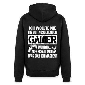 Gamer Selbstironie Spruchbild Progamer - Unisex Premium Bio Zip Hoodie - Schwarz - Hinten - Nico (187cm)