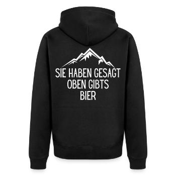 IN DEN BERGEN SCHMECKT DAS BIER AM BESTEN - Unisex Premium Bio Zip Hoodie - Schwarz - Hinten - Nico (187cm)