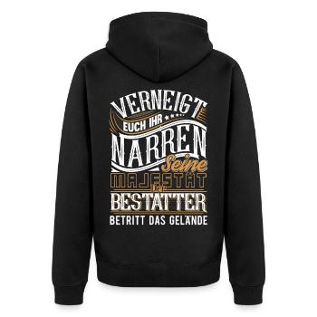 Bestatter - Unisex Premium Bio Zip Hoodie - Schwarz - Hinten - Nico (187cm)