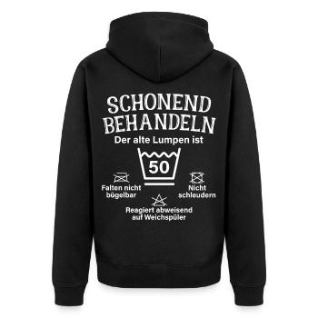 Schonend Behandeln Fünfzig Geschenk 50. Geburtstag - Unisex Premium Bio Zip Hoodie - Schwarz - Hinten - Nico (187cm)