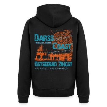 DarssCoast - Ostseebad Zingst - Unisex Premium Bio Zip Hoodie - Schwarz - Hinten - Nico (187cm)