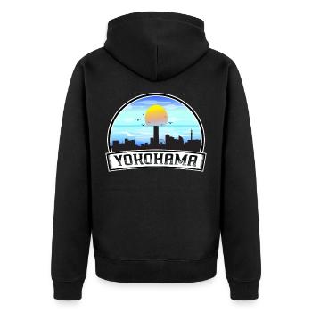 Yokohama Japan Skyline Vintage Sonnenuntergang Reise Souve - Unisex Premium Bio Zip Hoodie - Schwarz - Hinten - Nico (187cm)