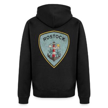 Rostock Wappen Leuchtturm Design / Geschenkidee - Unisex Premium Bio Zip Hoodie - Schwarz - Hinten - Nico (187cm)
