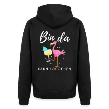 Bin da kann losgehen Flamingo - Unisex Premium Bio Zip Hoodie - Schwarz - Hinten - Nico (187cm)