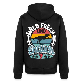 Dinosaurier 7. Geburtstag Kinder T-Rex - Unisex Premium Bio Zip Hoodie - Schwarz - Hinten - Nico (187cm)