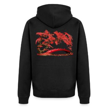 Japanischer Ahorn und Brücke Naturmotiv - Unisex Premium Bio Zip Hoodie - Schwarz - Hinten - Nico (187cm)