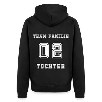 Team Familie 02 Oktober - Unisex Premium Bio Zip Hoodie - Schwarz - Hinten - Nico (187cm)