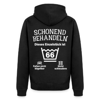 Schonend Behandeln 66. Geburtstag Einzelstück 66 - Unisex Premium Bio Zip Hoodie - Schwarz - Hinten - Nico (187cm)