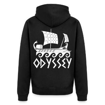 Die Reise des Odysseus (weiß) - Unisex Premium Bio Zip Hoodie - Schwarz - Hinten - Nico (187cm)