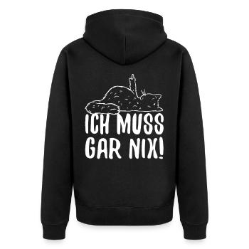 Stinkefinger Mittelfinger Ich Muss Gar Nix Katze - Unisex Premium Bio Zip Hoodie - Schwarz - Hinten - Nico (187cm)