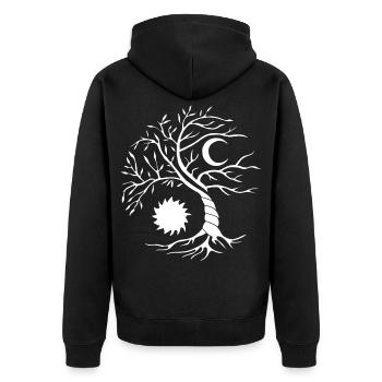Baum des Lebens weiße Sonne und Mond - Unisex Premium Bio Zip Hoodie - Schwarz - Hinten - Nico (187cm)