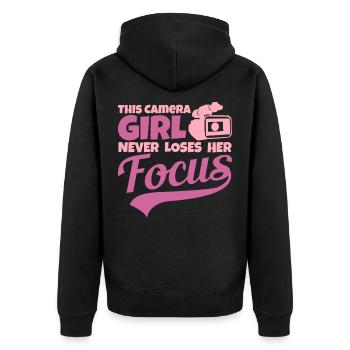 Kamerafrau - Unisex Premium Bio Zip Hoodie - Schwarz - Hinten - Nico (187cm)