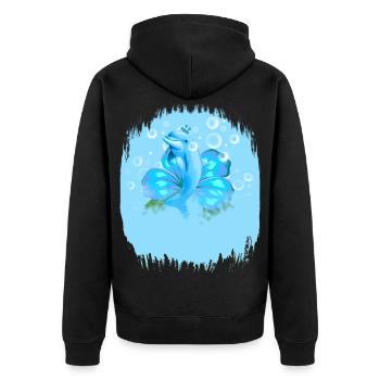 Mystischer Delfin mit Wasserflecken - Unisex Premium Bio Zip Hoodie - Schwarz - Hinten - Nico (187cm)