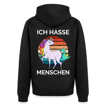 buntes Einhorn - Ich hasse Menschen - Unisex Premium Bio Zip Hoodie - Schwarz - Hinten - Nico (187cm)