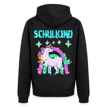 Schulkind Glitzer Einhorn mit Regenbogen - Unisex Premium Bio Zip Hoodie - Schwarz - Hinten - Nico (187cm)