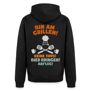 BIN AM GRILLEN BBQ Grillmeister - Unisex Premium Bio Zip Hoodie - Schwarz - Hinten - Nico (187cm)
