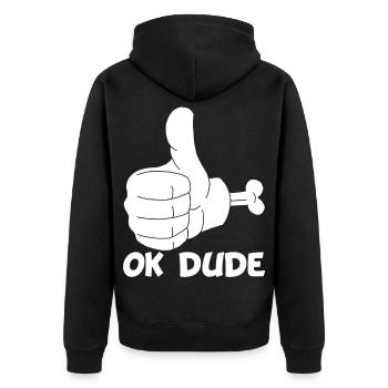 Ok Mann! (weiß) - Unisex Premium Bio Zip Hoodie - Schwarz - Hinten - Nico (187cm)