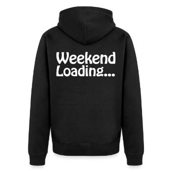 Weekend loading - Wochenende - Bald Wochenende - Unisex Premium Bio Zip Hoodie - Schwarz - Hinten - Nico (187cm)