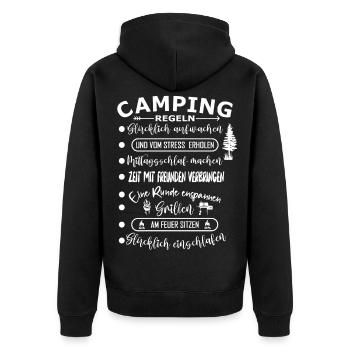 Campingregeln - Unisex Premium Bio Zip Hoodie - Schwarz - Hinten - Nico (187cm)