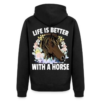 Das Leben ist besser mit einem Pferd - Unisex Premium Bio Zip Hoodie - Schwarz - Hinten - Nico (187cm)