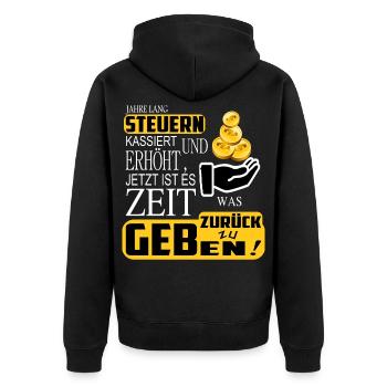 Steuern zurück geben - Unisex Premium Bio Zip Hoodie - Schwarz - Hinten - Nico (187cm)