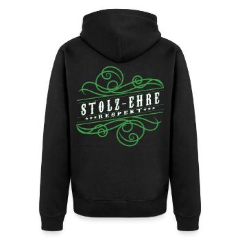 Stolz,Ehre,Respekt, - Unisex Premium Bio Zip Hoodie - Schwarz - Hinten - Nico (187cm)