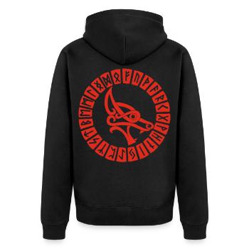 Roter Wolf und Wikingerrunen - Unisex Premium Bio Zip Hoodie - Schwarz - Hinten - Nico (187cm)