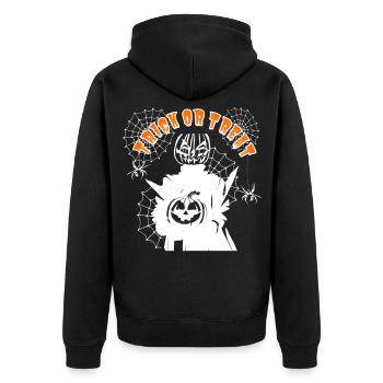 Halloween Kürbis Gespenst TRICK OR TREAT - Unisex Premium Bio Zip Hoodie - Schwarz - Hinten - Nico (187cm)